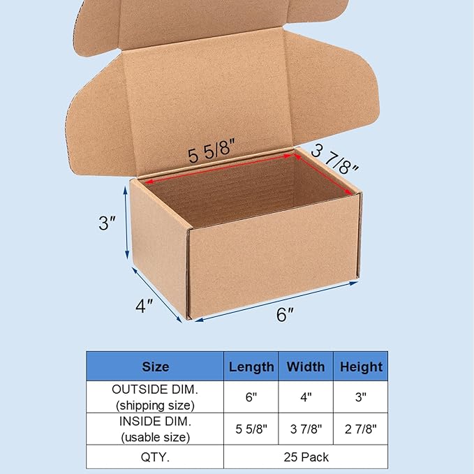 Shipping Boxes 6x4x3" 25 Pack - Brown Kraft Corrugated Cardboard Mailing Box for Small Business, Medium Literature Mailer Packaging Supplies