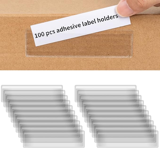 100 PCS 4 x 1 Inch Label Holders Adhesive Label Pockets, Self Adhesive Label Holders Clear Plastic Label Pockets, Clear Shelf Tag Storage Bin Labels for Supermarket Bookshelf, Mailbox, and Business