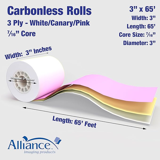 Alliance, Receipt Rolls, Paper, 3" x 65' x 7/16" Core, 3 Ply White/Canary/Pink, 50 Rolls Per Carton