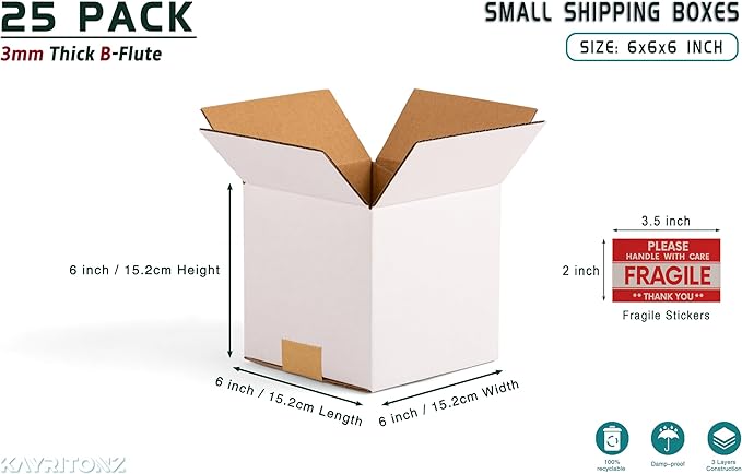 6x6x6 inch Small Shipping Boxes, White Corrugated Cardboard Boxes for E-Commerce, Mailing, Storage, Gifts Wrapping, 25 Pack