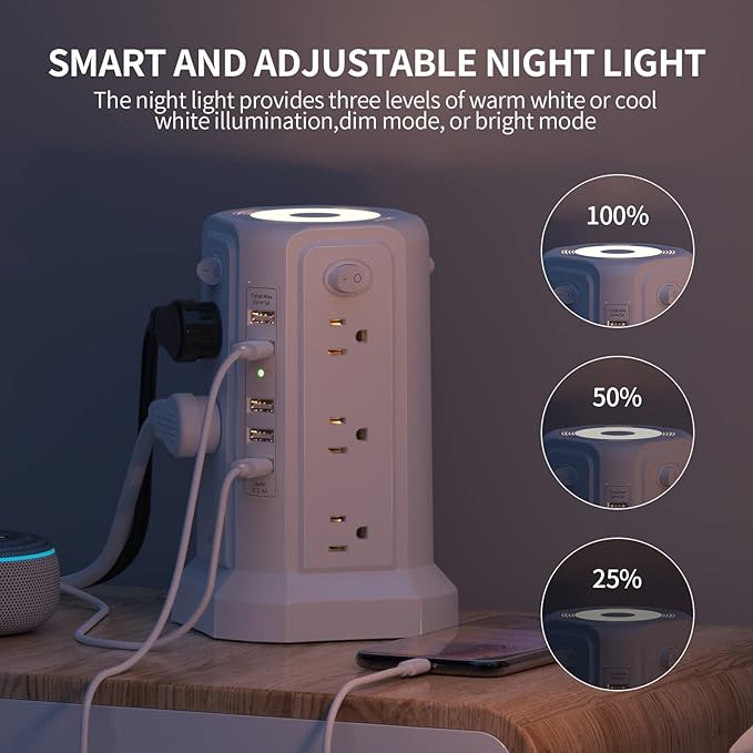 Surge Protector Power Strip Tower with 5 USB Ports and Night Light, 10FT Extension Cord with 12 AC Multiple Outlets, PASSUS Power Tower, Overload Protection for Home Office Dorm Room (White)