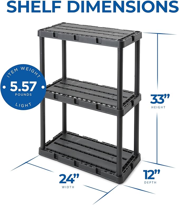 Gracious Living 3 Shelf Knect-A-Shelf Solid Light Duty Storage Unit 12 x 24 x 33 Organizer for Home, Garage, Basement & Laundry, Black