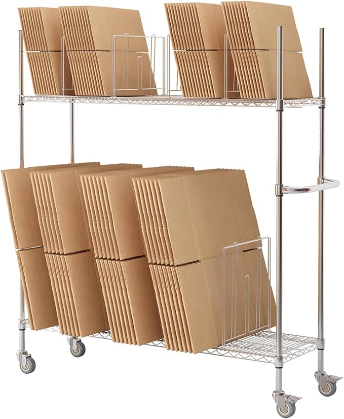 Commercial Wire Carton Cart, 60" x 18" x 69", 2-Tier Wire Carton Stand Unit, 400Lb Floor-Standing Storage Cart with Wheels & Handle, Box Rack for Home Supermarket Warehouse