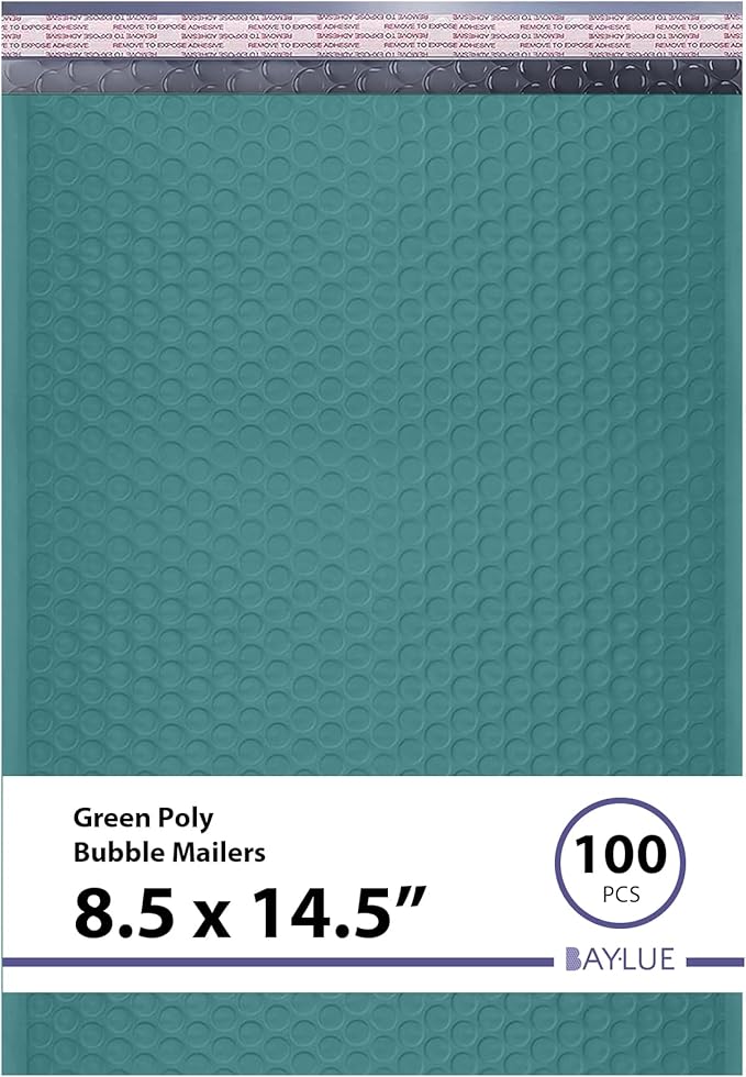 Green Poly Bubble Mailers 8.5x14.5 inch #3 | Self Seal Padded Envelopes | Cushioned Bubble Mailer | Usable Size 8.5x13.5 | WaterProof | Lightweight mailing Shipping Bags | 100 Pack Bulk