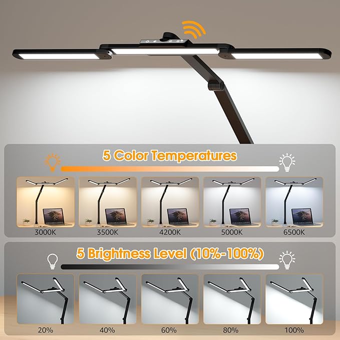 ShineTech LED Desk Lamp for Home Office, 25 Lighting Modes Swing Arm LED Lamp with Clamp, Gesture Sensor, Type C Port, Auto-Off Timer Lamp for Reading
