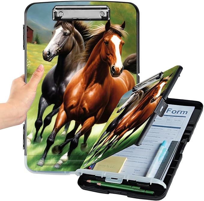 File Clipboard Storage with Pen Holder High Capacity Plastic Nursing Clipboards File Folder Storage Box Clipboard with Heavy Duty Clips for Teacher,Doctor,Offices-Running Horse