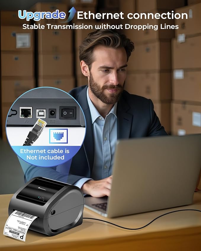 Phomemo Ethernet Thermal Label Printer 4x6, Bluetooth Shipping label printer for Small Business, Home, Office, 300DPI Wireless Thermal Printers Support Ethernet/Bluetooth/USB, Amazon, Ebay, Etsy, USPS