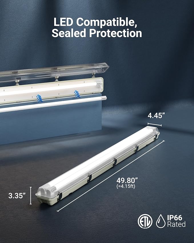 Sunco LED Ready Fixture for Garage Ceiling, 4ft Shop Lights Holds 2 LED Tube Lights, Non-Dimmable, Surface Mount, Works with Type B and Hybrid Tubes, 120-277V, Wet Rated ETL