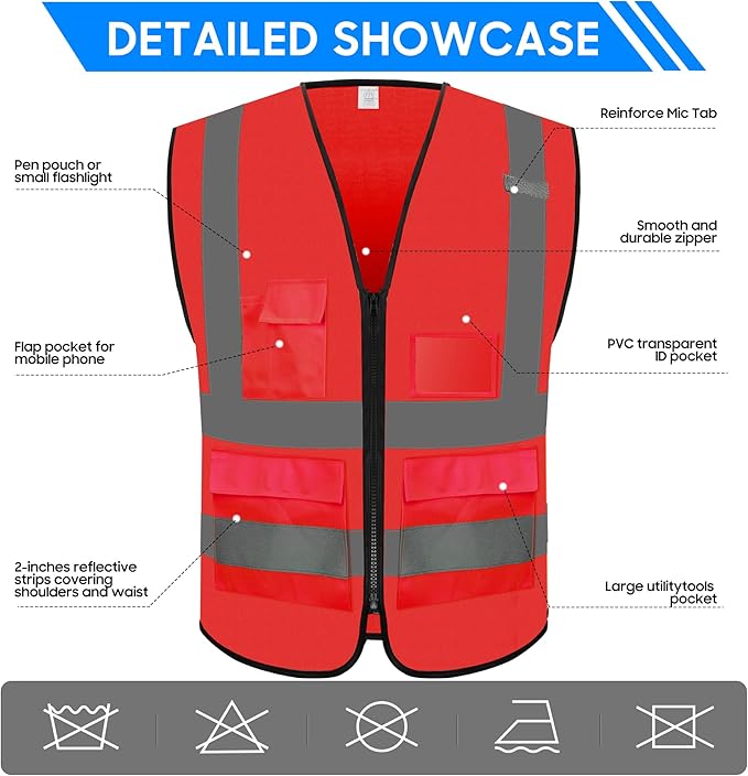 Reflective Safety Vest for Men Women with 5 Pockets and Zipper Front High Visibility Construction Vest Meets ANSI/ISEA Standards