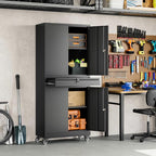 Yizosh Metal Garage Storage Cabinet with Locking Doors and Adjustable Shelves, 73" Rolling Tool Storage Cabinet with 4 Wheels and 1 Drawer for Garage,Warehouse (Black)