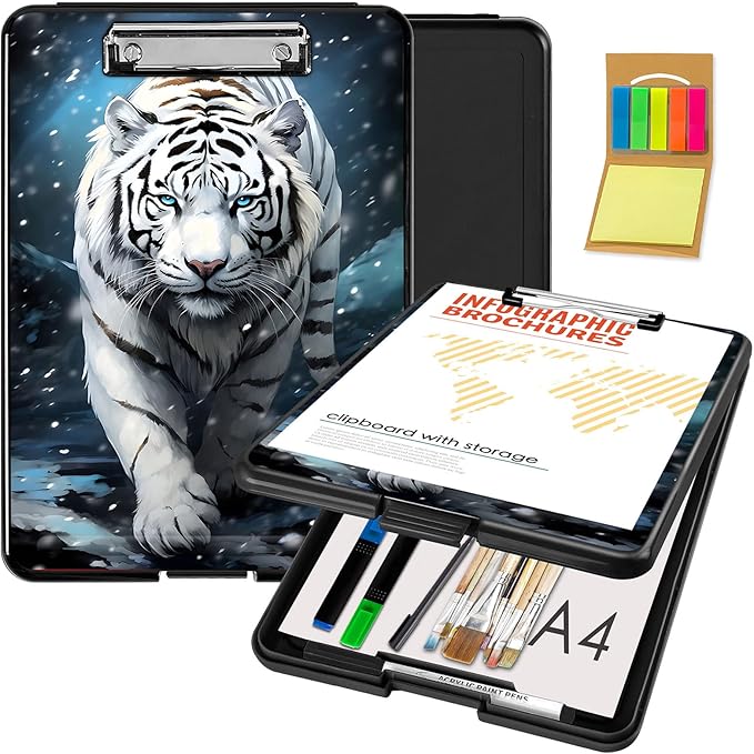 Clipboard with Storage,Office Supplies Nursing Clipboards Folder with Pen Holder Plastic Foldable Clip Board with Storage for Nurse Teacher,White Tiger
