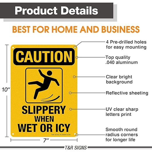Slippery When Wet Or ICY Sign, Caution Sign, 2 Pack, 10" x 7" Rust Free .040 Aluminum, UV Protected, Waterproof, Weatherproof and Fade Resistant, 4 Pre-drilled Holes
