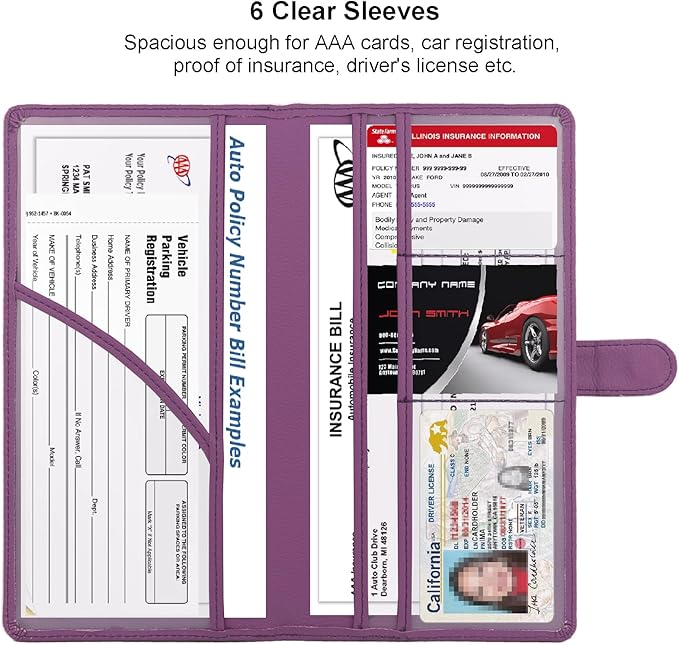 Car Registration and Insurance Holder, Leather Magnetic Shut Vehicle Glove Box Organizer for Document, Card, Driver License, Purple