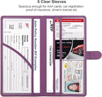 Car Registration and Insurance Holder, Leather Magnetic Shut Vehicle Glove Box Organizer for Document, Card, Driver License, Purple