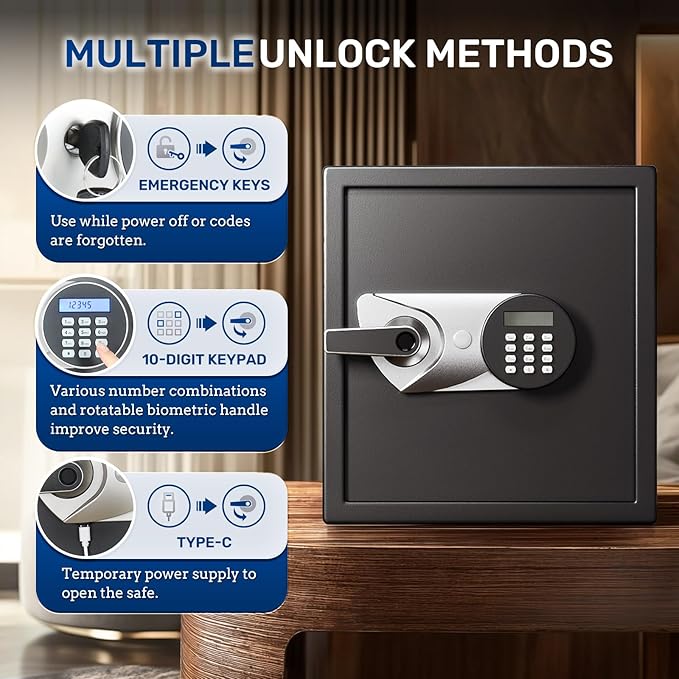 BlackSmith Biometric Handgun Safe 1.8 Cub Home Safe Quick Access Fingerprint Security Lock Box for Money Firearm Valuables with Dual Alarm System Fireproof Bag and Removable Shelf, Black