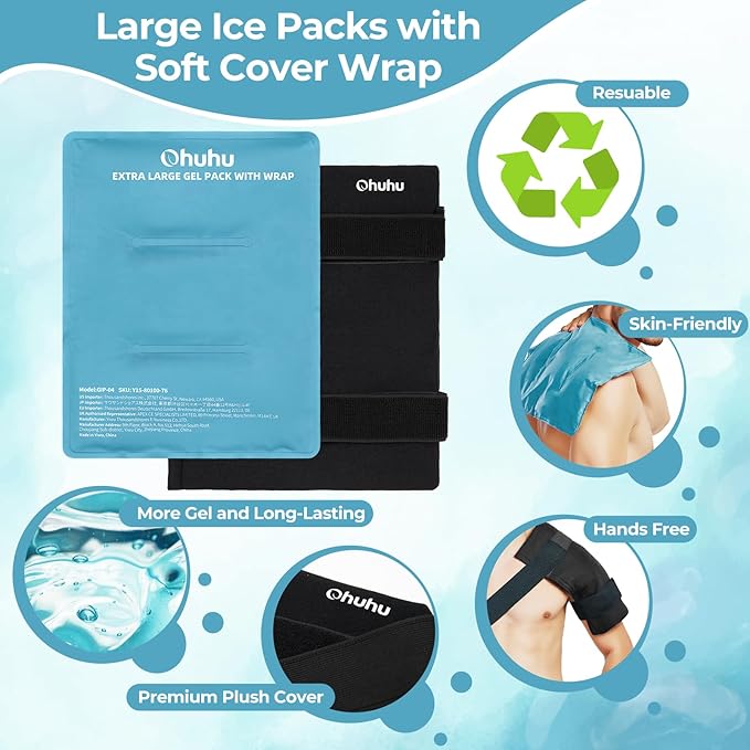 Ice Packs for Injuries: Ohuhu XL Reusable Ice Packs with Wrap 14" X 11" Hot Cold Gel Ice Pack Flexible Pain Relief for Shoulder Knee Back Hip Aches Injury-Light Blue