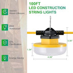 LEDIARY 100FT LED Construction String Lights, 150W 15000LM String Work Light, Linkable Jobsite Lights, Weatherproof Temporary Lighting Indoor&Outdoor, ETL Listed