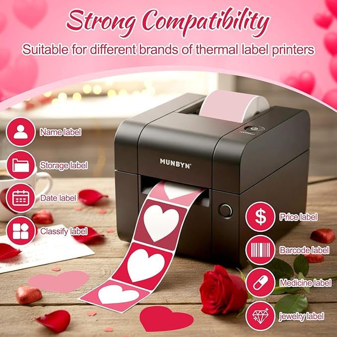 Ctosree 500 Pcs/ 1 Roll Thermal Sticker Labels Self Adhesive Direct Thermal Labels Multipurpose Printer Stickers for DIY, Name Tag(Heart,2 Inches,Red Gradient)