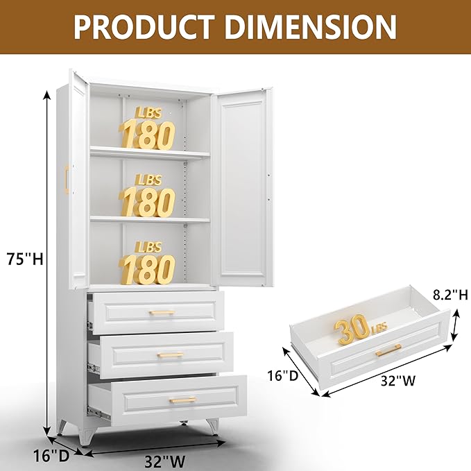 Kitchen Pantry Cabinet, 75" Tall Pantry Cabinet with Three Drawers, Metal Storage Cabinets with Doors and Shelves, Freestanding Food Cupboard for Dining, Living Room, White, Assembly Required