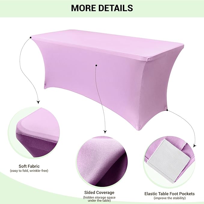 Obstal 6 Pack Stretch Spandex Table Covers for 6 Foot Tables - 6 FT Universal Rectangular Fitted Tablecloth Protector for Wedding, Banquet, Party, 72 Length x 30 Width x 30 Height Inches, Light Purple