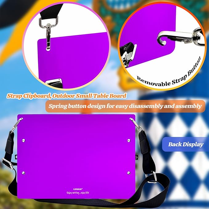 Aluminum Metal Clipboard with Detachable Adjustable Shoulder Strap A4 Double Clip Board Stainless Hangable w/Pen Holder Letter 9" x 12.6" for School Office Business Factory (Purple-with Strap, A4)