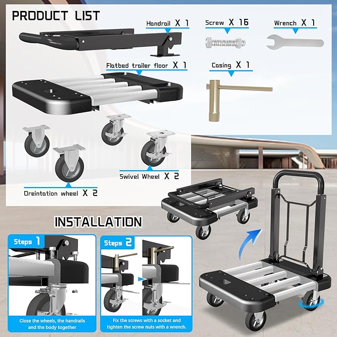 WarmyouHaul Pro Folding Hand Truck, 441LBS Capacity, Adjustable Platform (24-30") & Handle (28-35") 4" Rubber Wheels with 360° Swivel & Parking Brake, for Moving, Apartment, Warehouse, Commercial Use
