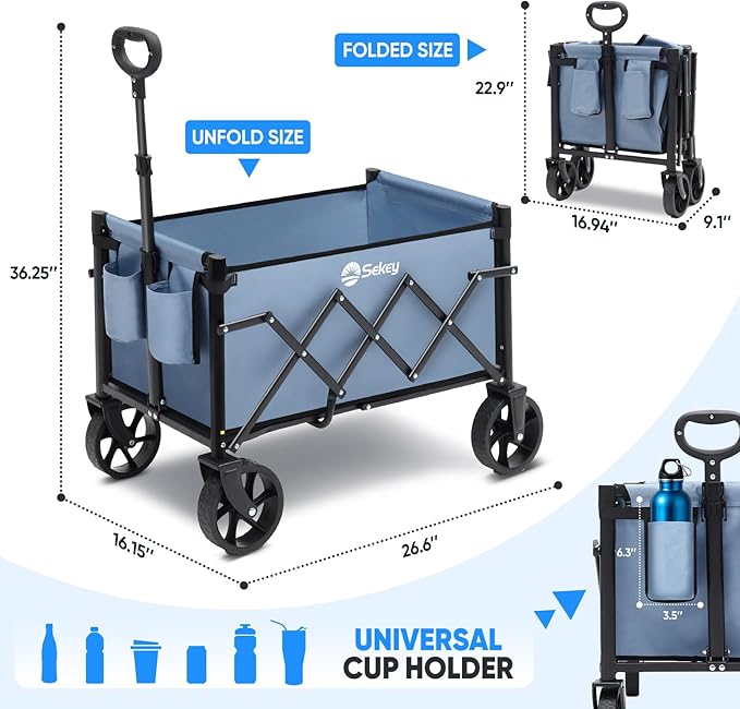Sekey Wagon Cart with Wheels with 220LBS Capacity,Heavy Duty Wagon Carts Foldable with Drink Holders,Lightweight Utility Portable Cart for Grocery, Shopping, Garden, Camping. Blue