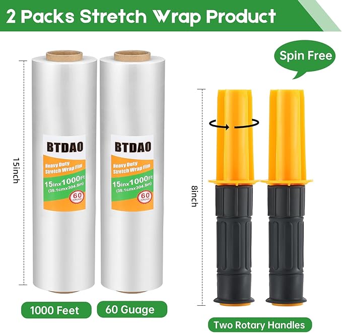 2 Rolls Stretch Wrap 15"x1000 Feet Stretch Film Shrink Wrap Packing Moving Suppliers for Shipping Moving Suppliers Packing Pallet Wrapping Surface Protection 60 Gauge (2 Rolls)