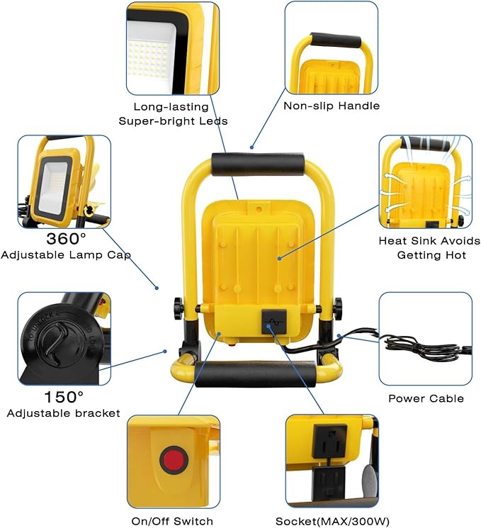 LHOTSE 5000LM LED Work Light, 30W Portable Flood Light with Socket, Outside Work Lights with Stand, Angel Adjustable Worklight for Workshop Garage,Construction Site, IP54 Waterproof