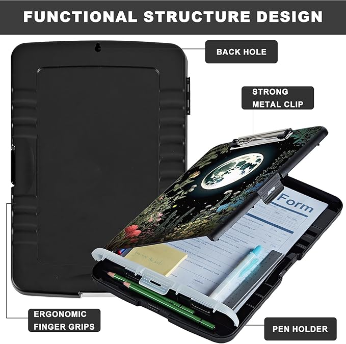 Clipboard with Storage,Heavy Duty Plastic Storage Clipboard with Low Profile Clip,Teacher Must Haves,Office Supplies,Grass Flowers Moon Star