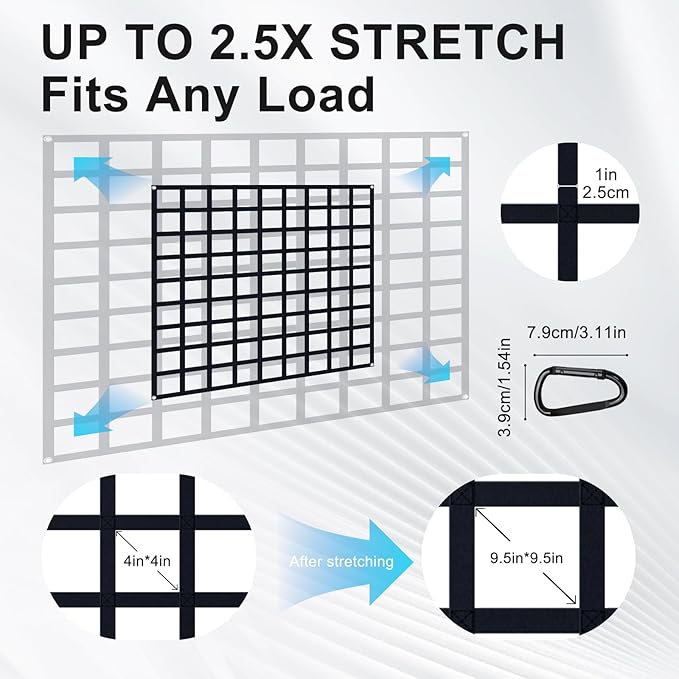 Flat Bungee Cargo Net for Pickup Truck Bed, Highly Elastic 4' x 4' Stretches to 9.5' x 9.5', 25mm mesh Width, 12 Carabiner Hooks, 4 Strong Metal Grommet, Compatible with Toyota, Ford, Chevy, Dodge RAM