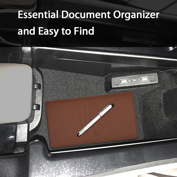 Car Insurance and Registration Holder, 9.5 x 5 Inch PU Leather Vehicle Glove Box Organizer Wallet Case for Insurance Card, Driver License, Paperwork - Brown