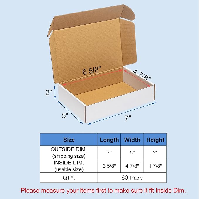 Shipping Boxes 7x5x2" 60 Pack - White Corrugated Cardboard Box Mailers for Small Business, Literature Mailer Box Packaging Supplies