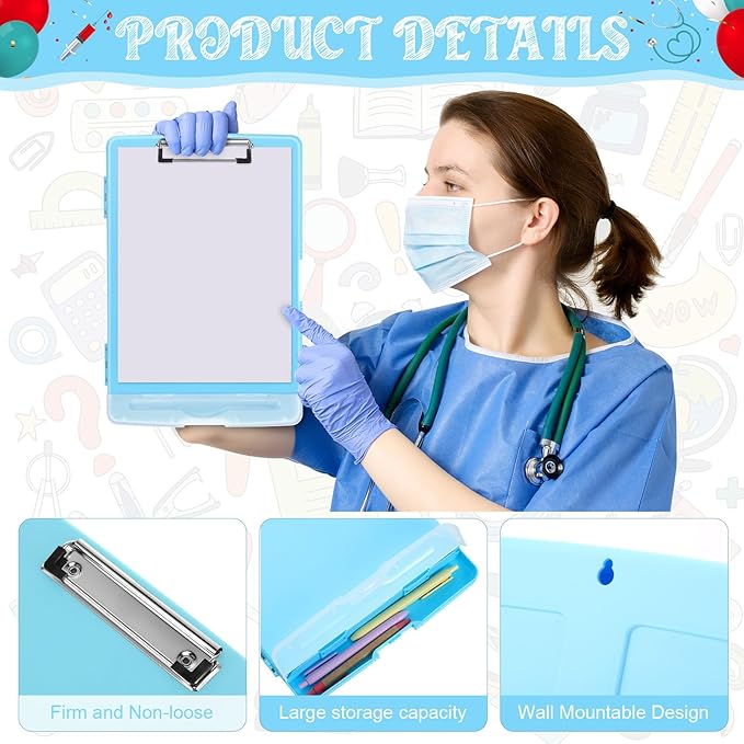 Crtiin 6 Pcs Plastic Clipboard with Storage Colored A4 Nursing Holder Heavy Duty Waterproof Storage Clipboard Folder for Office School Nurses Teacher Essentials (Fresh Color)