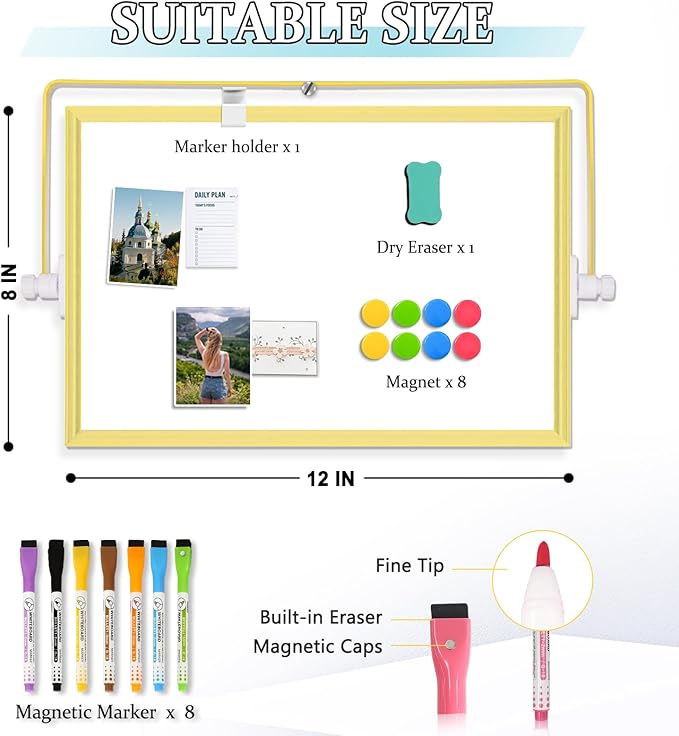 Magnetic Dry Erase White Board, 12" x 8" Double-Sided Golden Aluminum Frame Desktop Whiteboard with Stand, Portable Small Whiteboard Set for Drawing, Office, Home, School