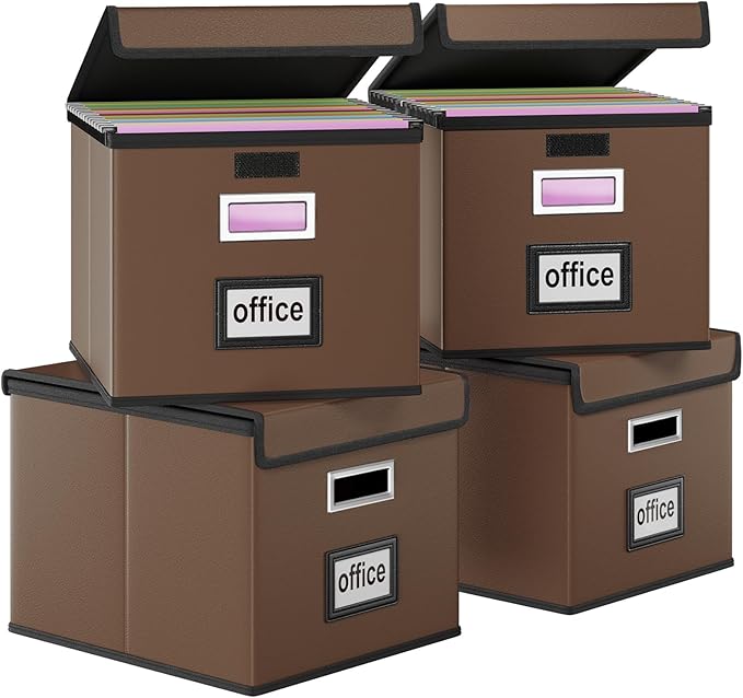 Huolewa File Organizer Box with Lid, Collapsible Leather File Folder Organizer for Office Document Storage, Filing Box with Plastic Slide for Letter/Legal Size Hanging Files, Dark Brown, 4 pack