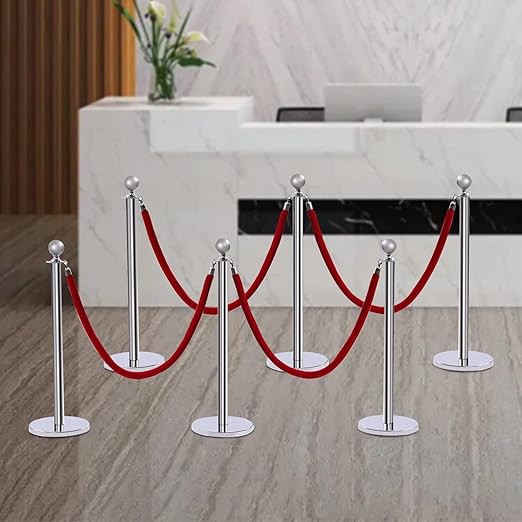 6 PCS Stanchions and Velvet Ropes Set, Hollow Base with Stainless Steel Post&4 Red Velvet Ropes, Crowd Control Barriers for Party Supplies, High-end Venues, Museums