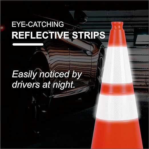 Traffic Safety Cones with Reflective Collars, Orange Construction Cone, Restorable Parking Cones, Heavy Duty Road Cones for Parking Lot, Traffic Control, Driveway Road Parking (4, 28 inch)