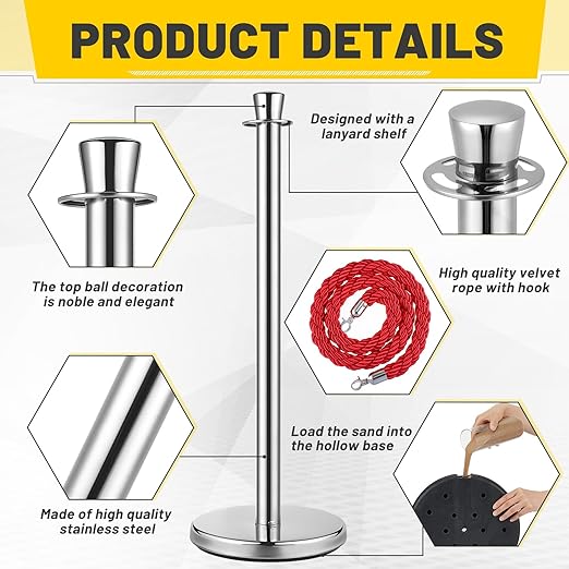 Wesiti 6 Pcs Silver Stainless Steel Stanchion Post with 5 ft Red Braided Rope Crowd Control Stanchions Red Carpet Ropes and Poles Crowd Control Barriers for Party Concert Theater Hotels