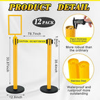 Therwen 12 Pack Heavy Duty Crowd Control Stanchions 9.8 ft Stainless Steel Stanchion Set with Safety Barrier Post Retractable Belt and Sign Holder Crowd Control Barrier(Caution Belt, Yellow)