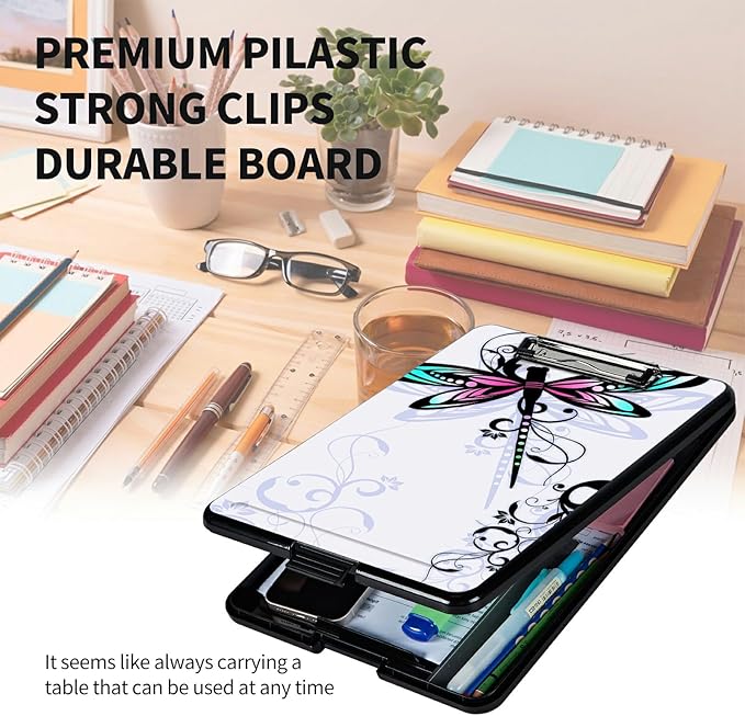 A4 Clipboards,Heavy Duty Waterproof Nursing Plastic Folder Clipboard with Storage Clip Boards,File Folder Storage Box Clipboard Case for Teacher,Doctor,Offices,Dragonfly with Lotus Flower