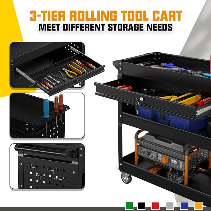 3 Tier Rolling Tool Cart on Wheels, 450 LBS Capacity Tool Cart with Drawers, Heavy Duty Rolling Utility Carts on Wheels, Rolling Tool Work Carts for Garage, Warehouse and Repair Shop,Black