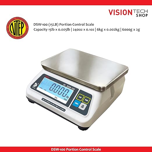 VisionTechShop DSW-100 Portion Food Scale with Single LCD Display, Stainless Steel Platter, 15lb Capacity, 0.005lb Readability, Lb/Oz/Kg/g Switchable, Low Profile Design, NTEP #22-007, NSF Certified