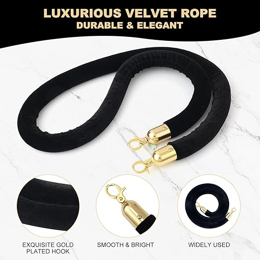 Velvet Stanchion Rope, 5 Feet Crowd Control Stanchion Ropes Safety Barrier with Gold Plated Hook for Carpet Events Movie Theaters Grand Openings Hotels Party(Black) (4)