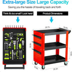 3-Tier Rolling Tool Cart with Pegboard, Heavy Duty Mechanic Utility Cart 1000LBS Load Capacity for Repair Shop, Garage, Warehouse & Workshop (Red & Black)