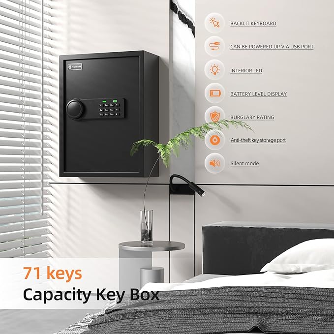 XDeer 71-Key Safe Wall Mount with Advanced Anti-Theft & LED Light, Key Cabinet with Combo & Key Lock for Hotels, Offices & Car Dealerships