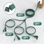15FT Outdoor Green Extension Cord with Multiple Outlets, Evenly Spaced 3 Outlets, Light Duty 16/3 SJTW Cable with Grounded Plugs, 13AMP 1625W 125V 16AWG, ETL Listed
