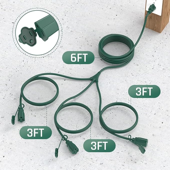 15FT Outdoor Green Extension Cord with Multiple Outlets, Evenly Spaced 3 Outlets, Light Duty 16/3 SJTW Cable with Grounded Plugs, 13AMP 1625W 125V 16AWG, ETL Listed