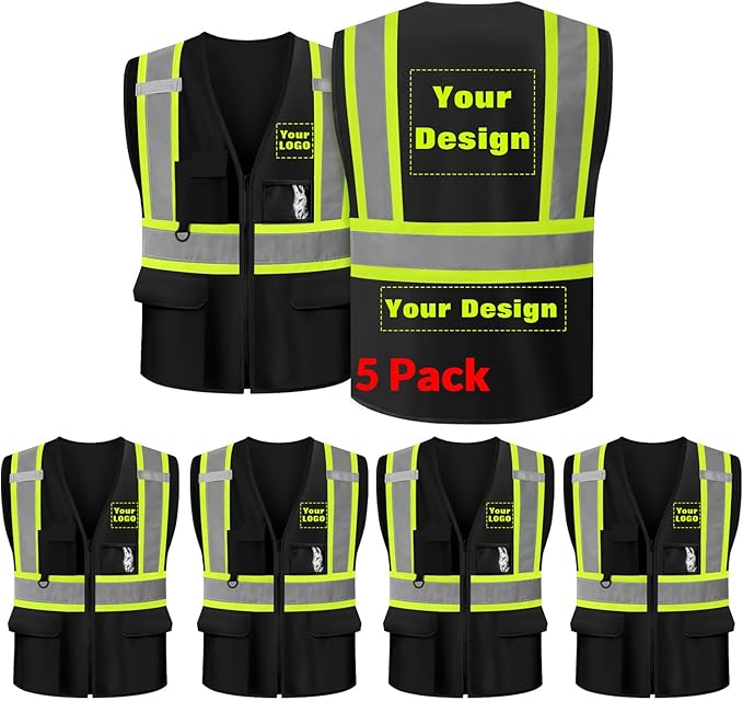 Safety Vest Customize Logo with 5 Pockets & Zipper Reflective High Visibility Vest Class 2 Outdoor Workwear