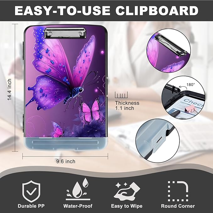 Clipboard with Storage,Heavy Duty Plastic Storage Clipboard with Low Profile Clip,Teacher Must Haves,Office Supplies,Blue Pink Butterfly